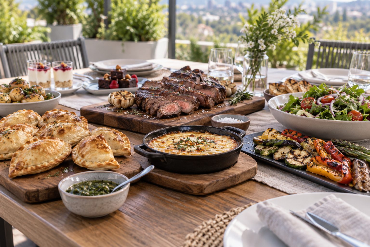 Propuesta gastronómica para una celebración de empresa Empanadas, provoleta, carne asada, verduras y postres en una mesa de terraza preparada para una comida